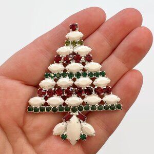 Christmas Tree Brooch, Kenneth Lane, KJL, Glass Rhinestones, White, Red, Green